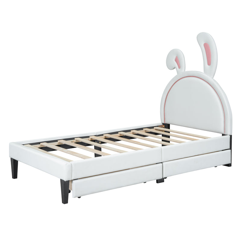 Twin Size Upholstered Leather Platform Bed with Rabbit Ornament and 2 Drawers, White