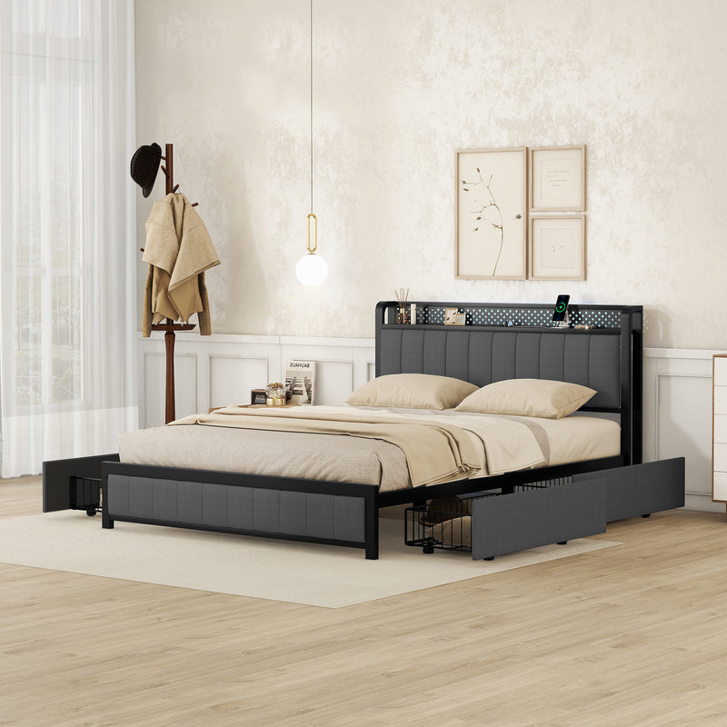 Queen Bed Frame with LED Headboard, Upholstered Bed with 4 Storage Drawers and USB Ports, Dark Grey