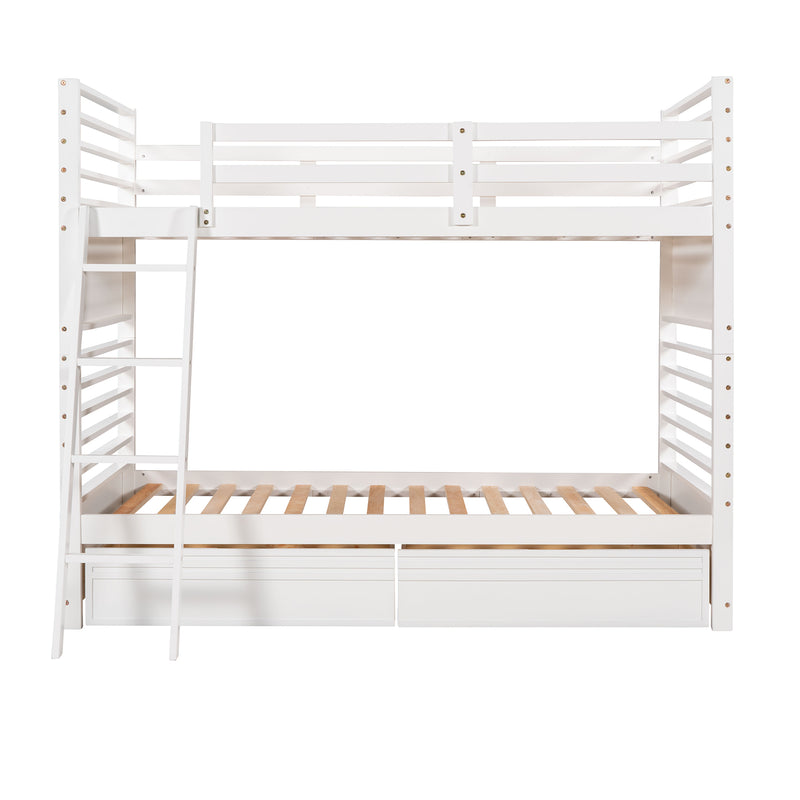 Twin over Twin Wood Bunk Bed with Two Drawers - White