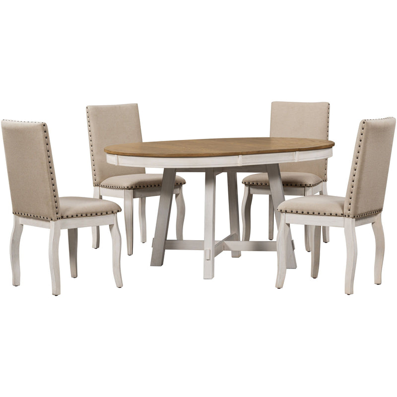 Farmhouse Dining Table Set Wood Round Extendable Dining Table And Upholstered Dining Chairs