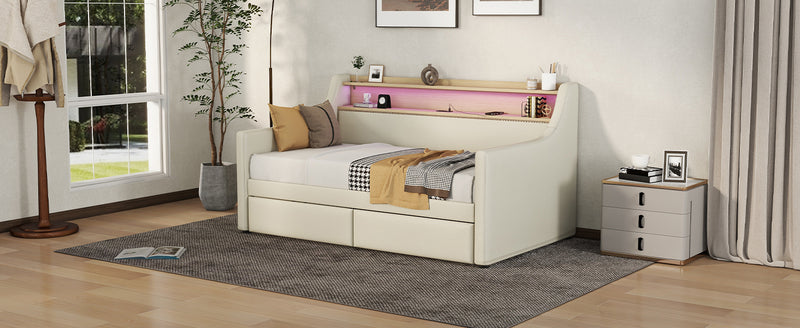 Twin Size Daybed with Storage Drawers, Upholstered Daybed with Charging Station and LED Lights, Beige (Expect arrive date: December 30th.)