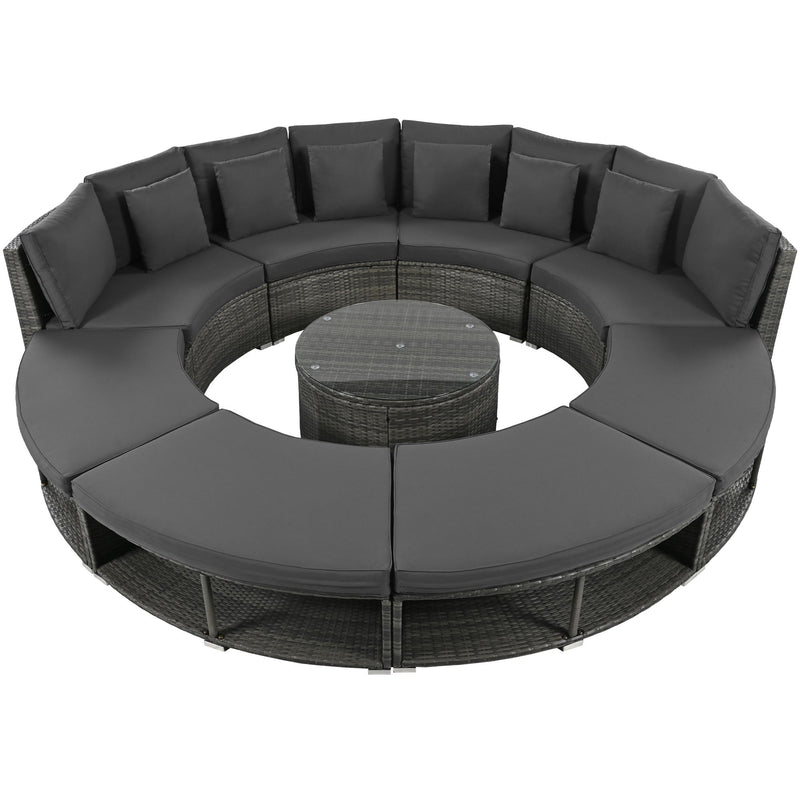 Outdoor Patio Furniture Luxury Circular Sofa Set Rattan Wicker Sectional Sofa Lounge Set With Tempered Glass Coffee Table, 6 Pillows