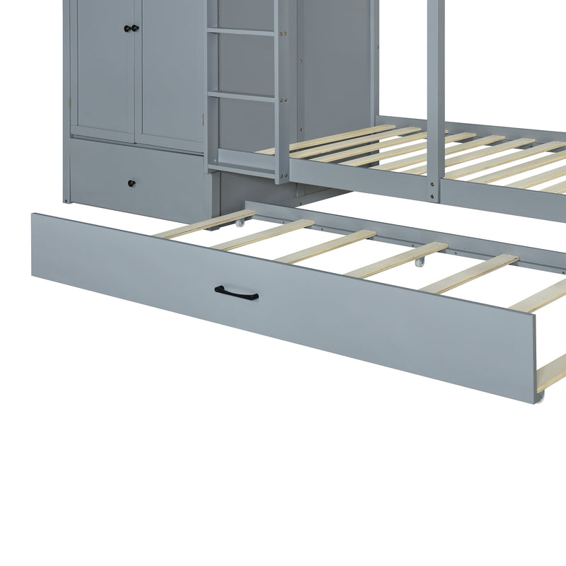 Twin-over-twin Bunk Bed with Wardrobe, Drawers and Shelves, Gray