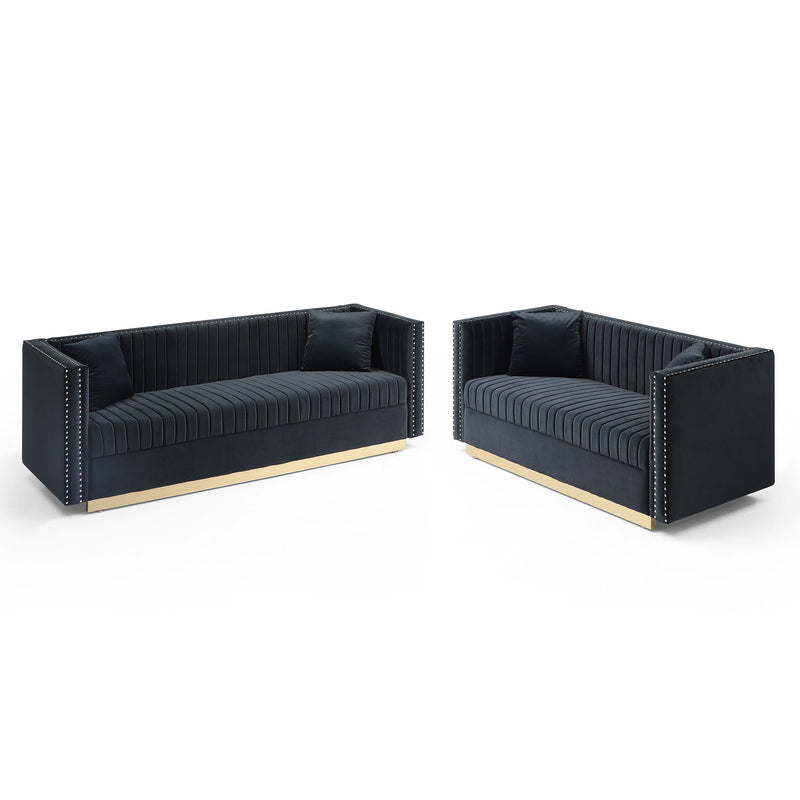 Contemporary Vertical Channel Tufted Velvet Sofa Loveseat Upholstered 2 Pieces Set With 4 Pillows