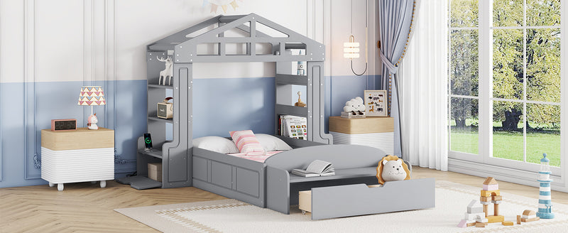 Twin Size House Bed with Bench, Socket and Shelves, Gray