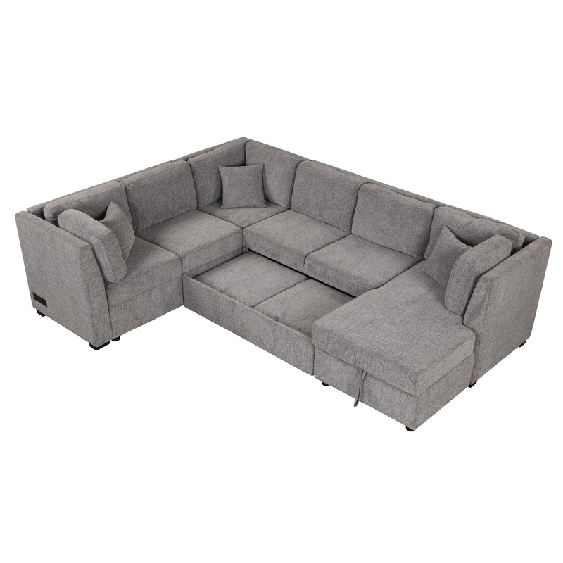 U-Shaped Sectional Sofa Pull Out Sofa Bed With Two USB Ports, Two Power Sockets, Three Back Pillows And A Storage Chaise For Living Room