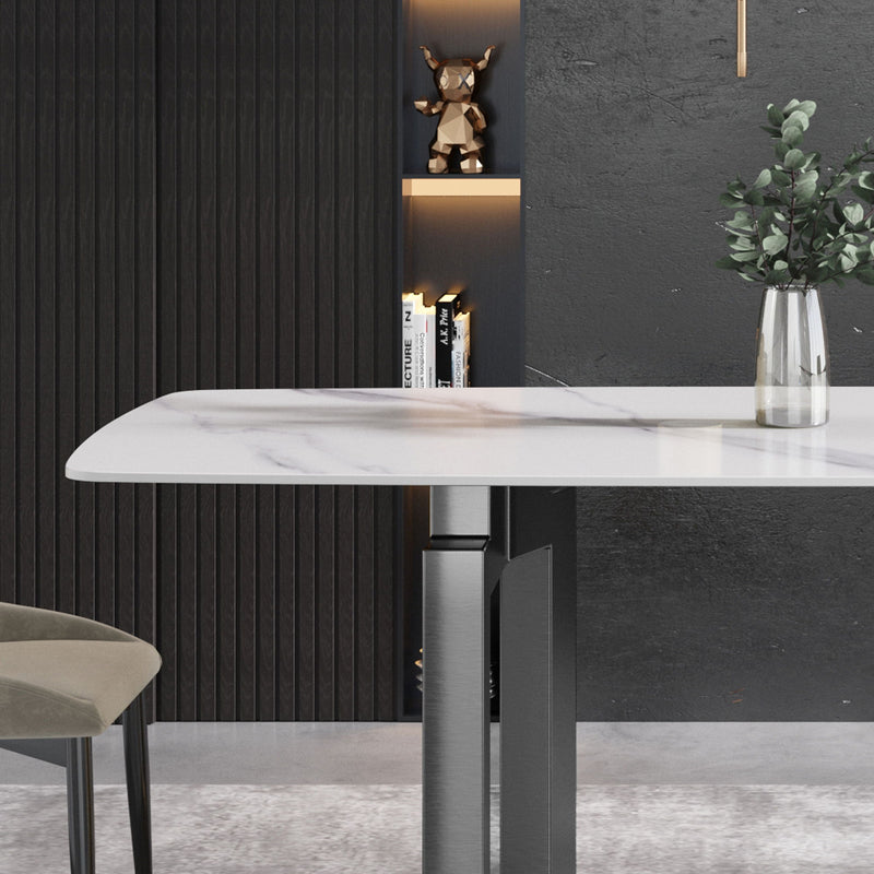 70.87" Modern Artificial Stone White Curved Black Metal Leg Dining Table - White / Black