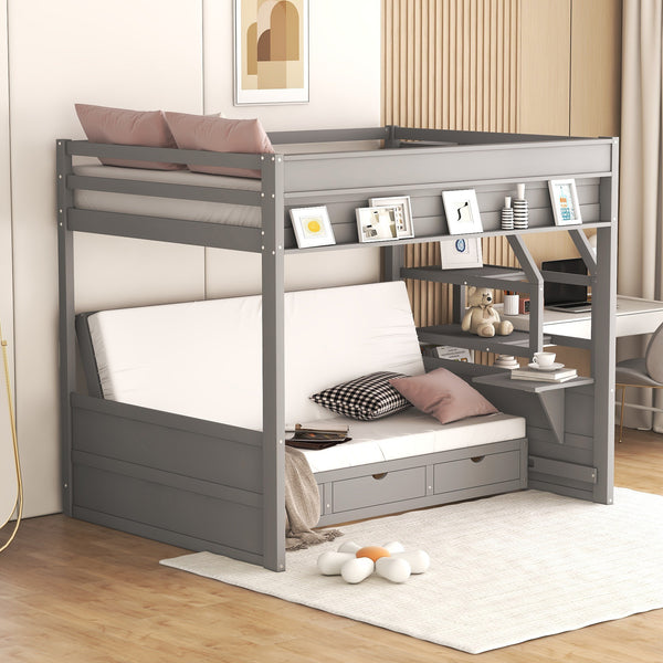 Wood Full Size Convertible Bunk Bed with Storage Staircase, Bedside Table, and 3 Drawers, Gray