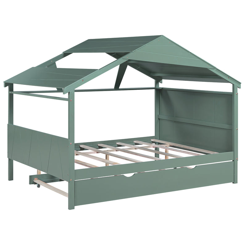 Wood Full Size House Bed with Twin Size Trundle and Storage, Green