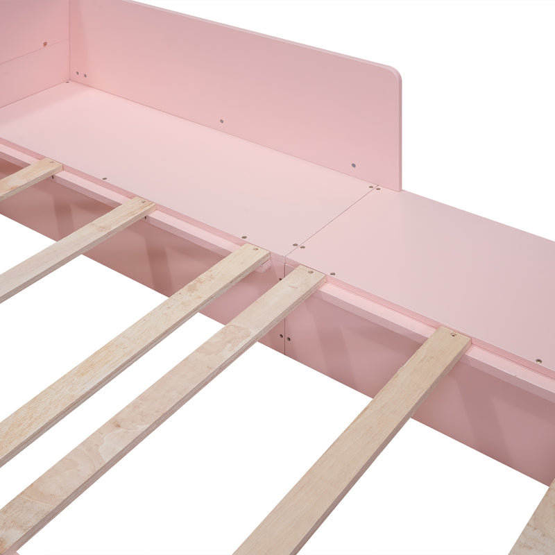 Wood Full Size Platform Bed with Storage Headboard, Guardrails and 4 Underneath Cabinets, Pink