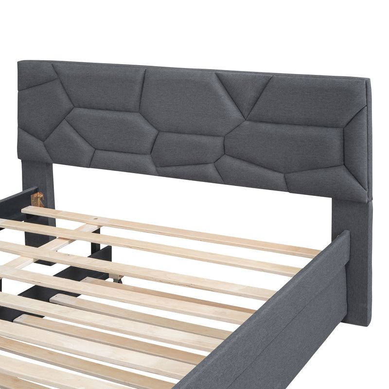 Upholstered Platform Bed With Brick Pattern Headboard And Twin Size Trundle, Linen