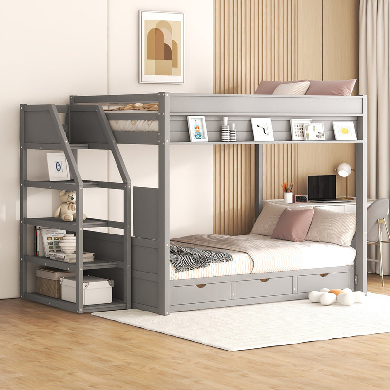 Wood Full Size Convertible Bunk Bed with Storage Staircase, Bedside Table, and 3 Drawers, Gray