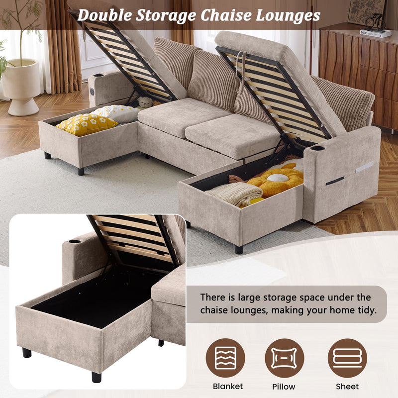 Sectional Sofa Pull Out Sofa Bed Versatile Sofa Sleeper With Large Storage Space, Two USB Ports And Two Cup Holders For Living Room