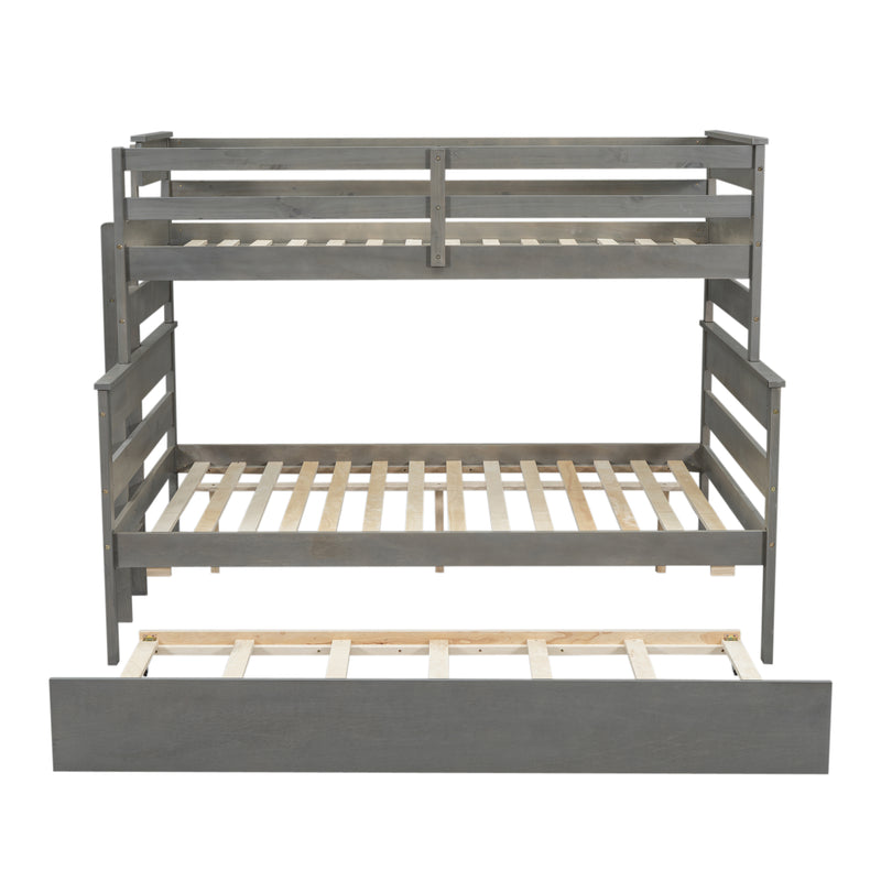 Wood Twin over Full Bunk Bed with Twin Size Trundle, Gray