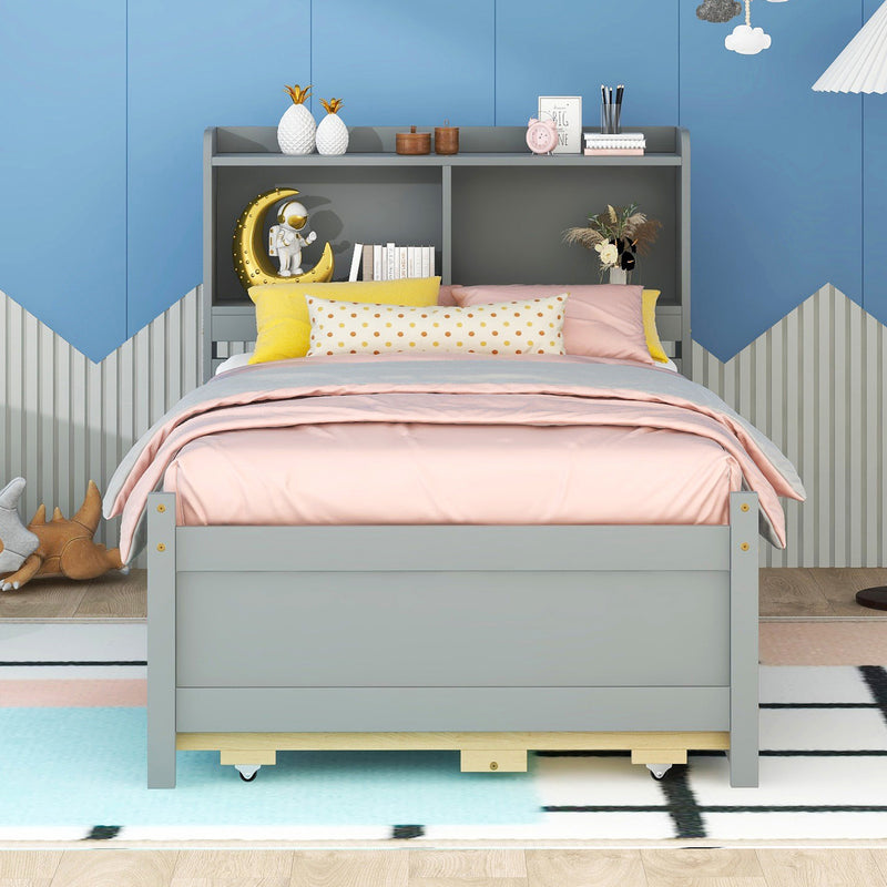 Twin Size Bed with  built-in USB ,Type-C Ports, LED light, Bookcase Headboard, Trundle and 3 Storage Drawers, Twin Size Bed with  Bookcase Headboard, Trundle and Storage drawers ,Grey