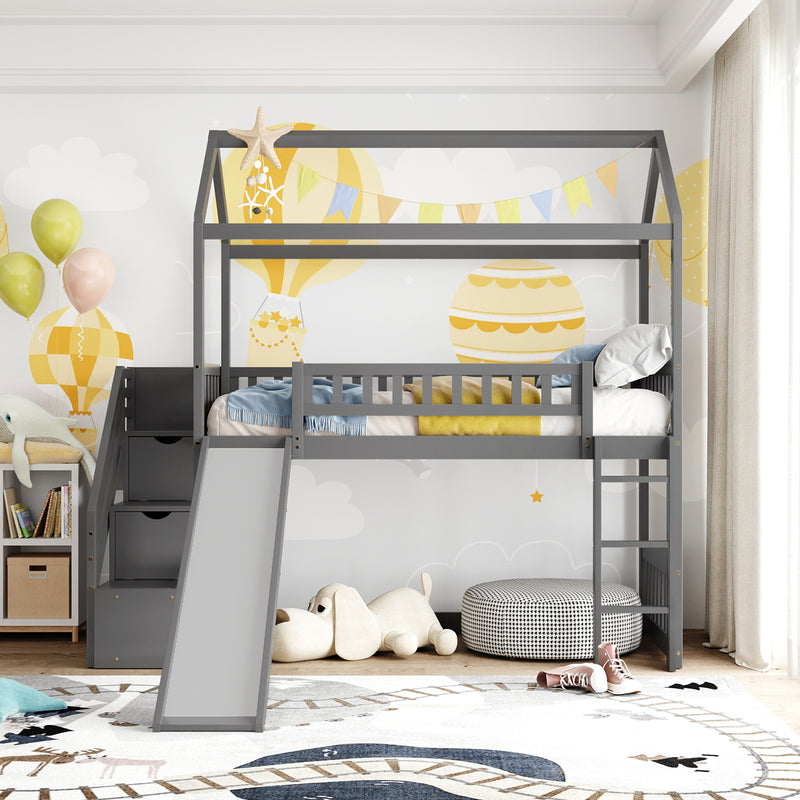 Twin Loft Bed with Two Drawers and Slide, House Bed with Slide, Gray (Old SKU: LP000130AAE)