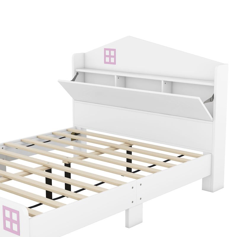 Wooden Full Size House Bed with Storage Headboard ,Kids Bed with Storage Shelf,White