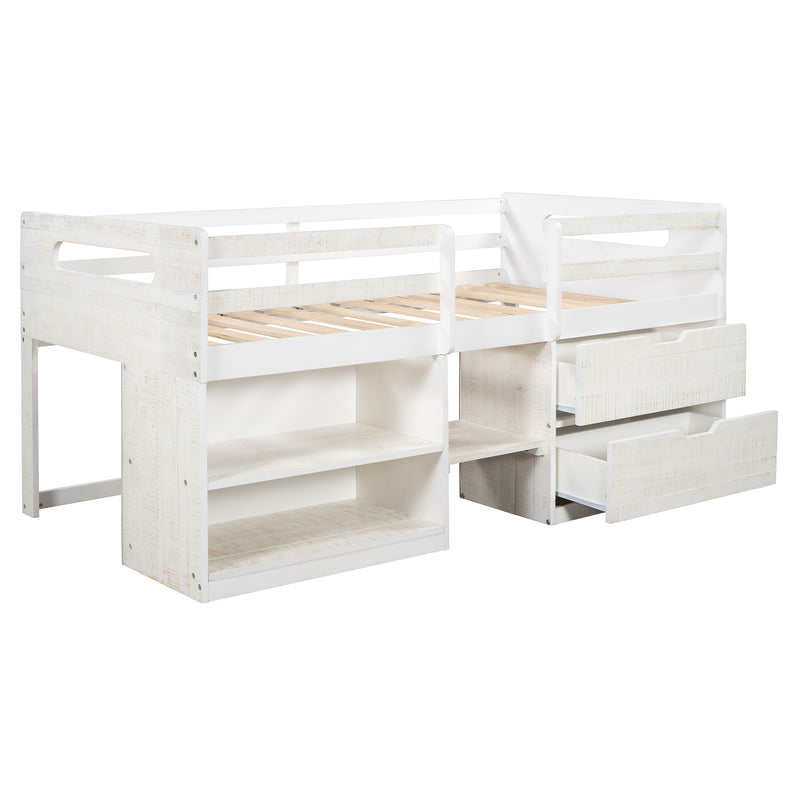 Twin size Loft Bed with Two Shelves and Two drawers (Antique White)