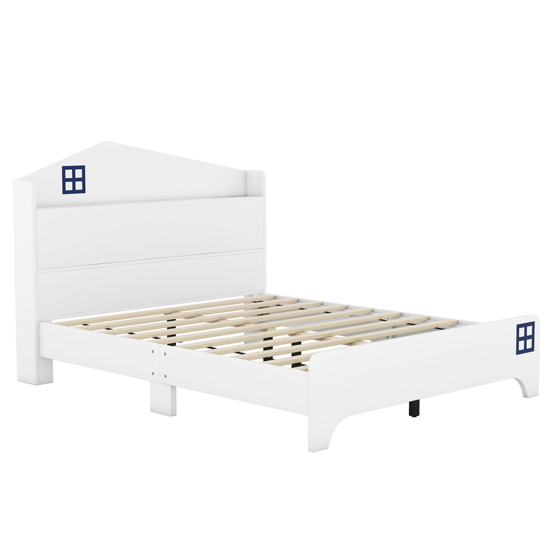 Wooden Full Size House Bed with Storage Headboard ,Kids Bed with Storage Shelf,White