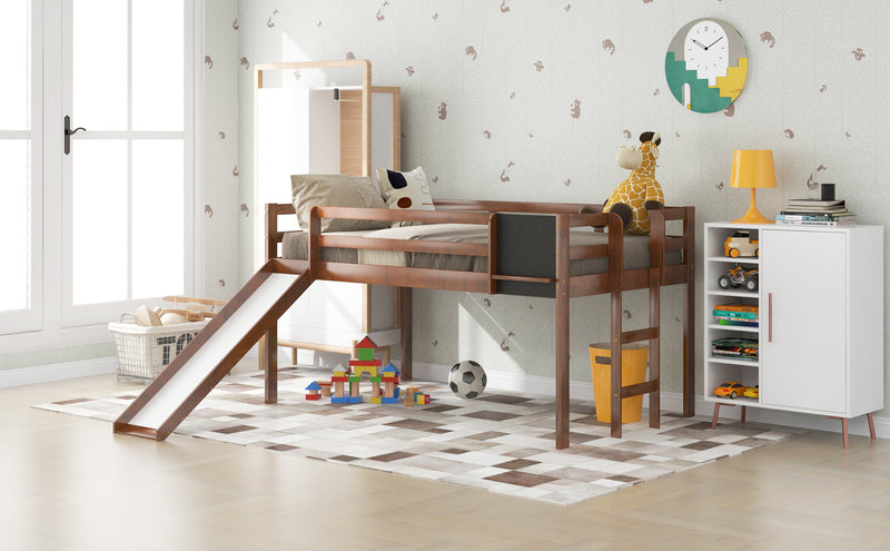 Twin size Loft Bed Wood Bed with Slide, Stair and Chalkboard,Walnut(OLD SKU :WF282115AAL)