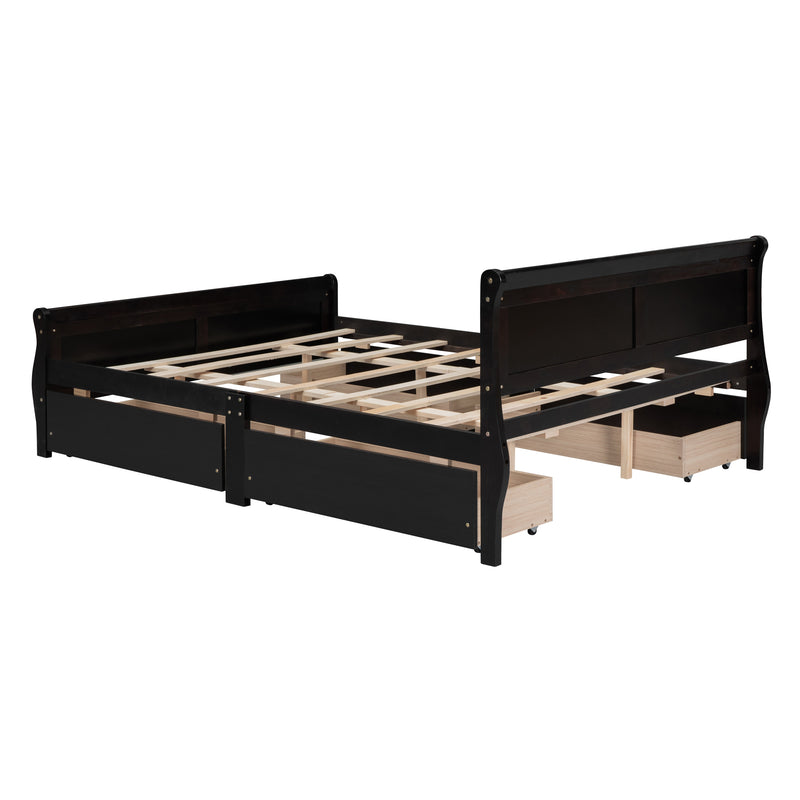 Queen Size Wood Platform Bed with 4 Drawers and Streamlined Headboard & Footboard, Espresso