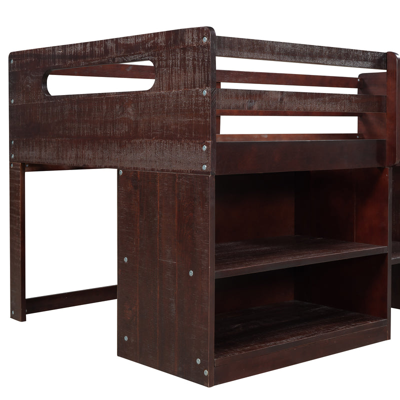 Twin size Loft Bed with Two Shelves and Two drawers (Antique Espresso)