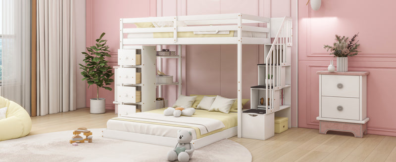 Twin Over Full Bunk Bed with 3-layer Shelves, Drawers and Storage Stairs, White