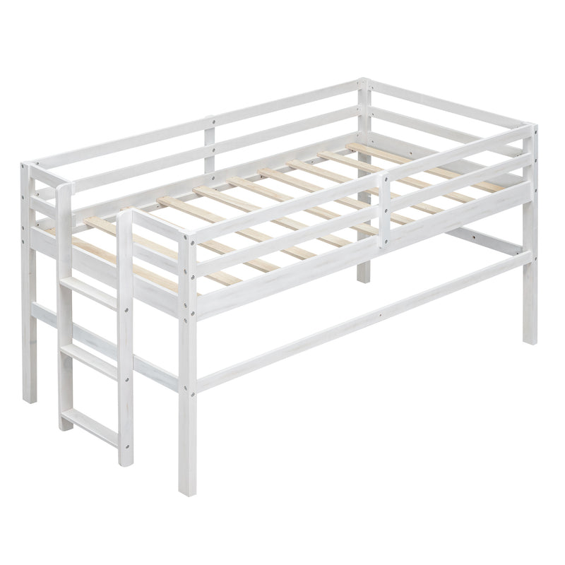 Wood Twin Size Loft Bed with Side Ladder, Antique White