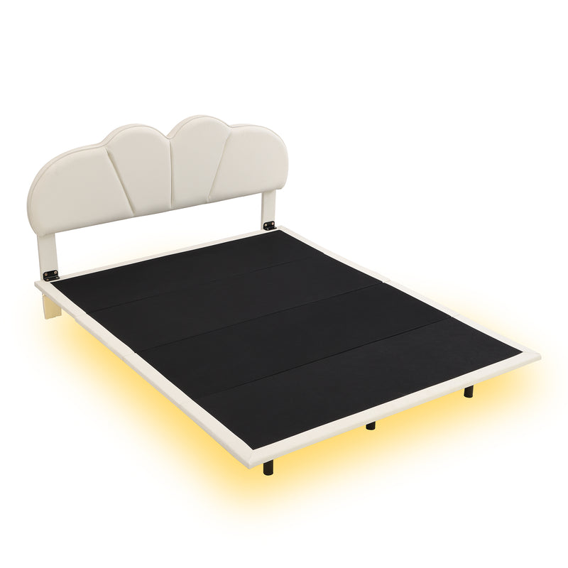 Queen Size Upholstery LED Floating Bed with PU Leather Headboard and Support Legs,Beige