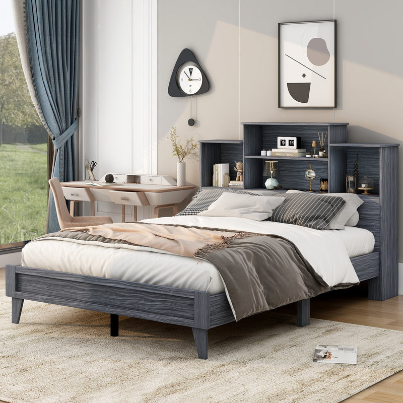 Queen Size Storage Platform Bed Frame with 4 Open Storage Shelves and USB Charging Design,Gray