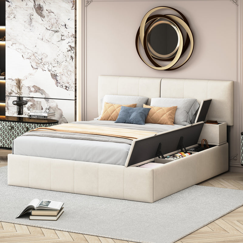 Queen Size Upholstered Platform Bed with Lateral Storage Compartments and Thick Fabric, Velvet, Beige