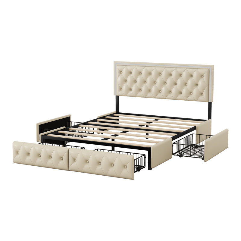 Queen Upholstered Bed Frame with 4 Storage Drawers, PU Leather Platform Bed with LED Headboard, No Box Spring Needed, Beige