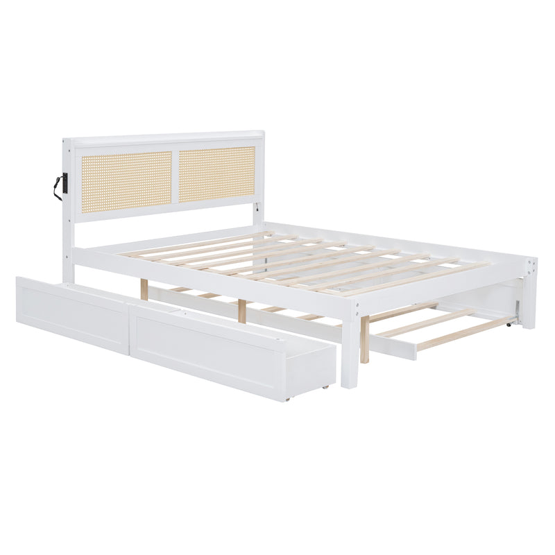 Queen Size Elegant Bed Frame with Rattan Headboard and Sockets ,White