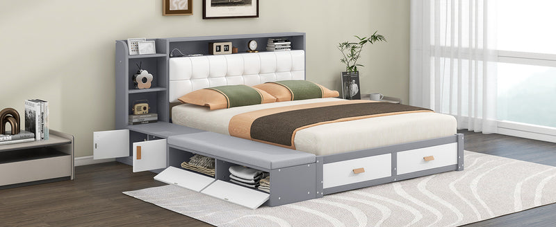 Queen Size Low Profile Platform Bed Frame with Upholstery Headboard and Storage Shelves and Drawers,USB Charging Design,Gray