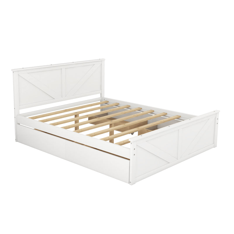 Queen Size Wooden Platform Bed with Four Storage Drawers and Support Legs, White