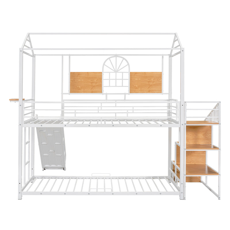 Twin Over Twin Metal Bunk Bed, Metal Housebed with Slide and Storage Stair, White with White Slide