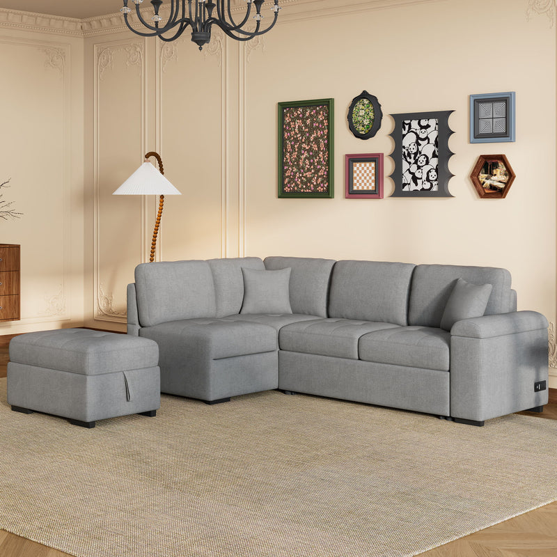 Sleeper Sectional Sofa, L-Shape Corner Couch Sofa Bed With Storage Ottoman & Hidden Arm Storage & USB Charge For Living Room Apartment