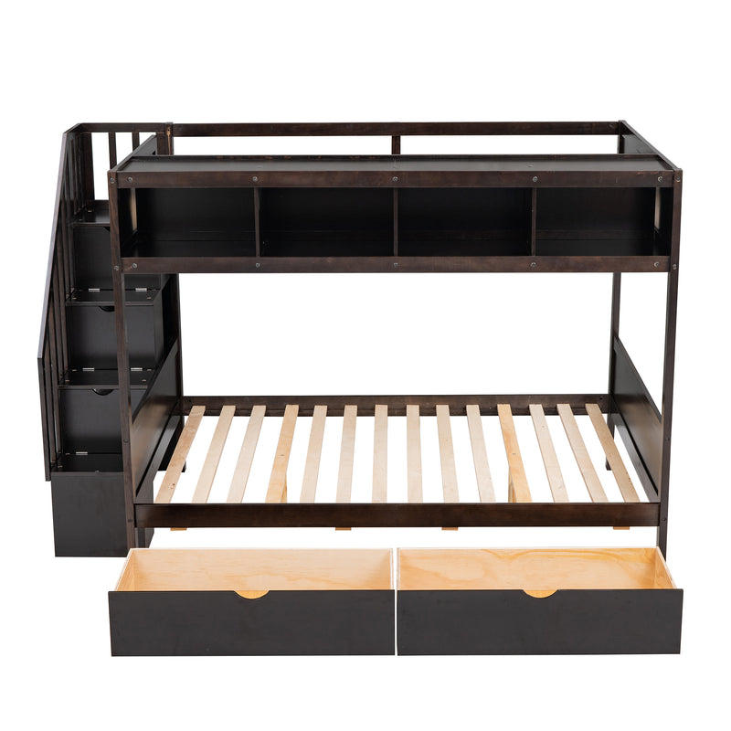 Twin over Full Bunk Bed with Shelfs, Storage Staircase and 2 Drawers, Espresso