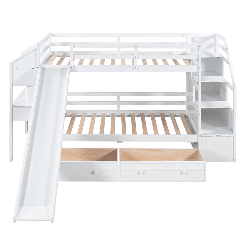 Twin over Twin Bunk Bed with Storage Staircase, Slide and Drawers, Desk with Drawers and Shelves, White