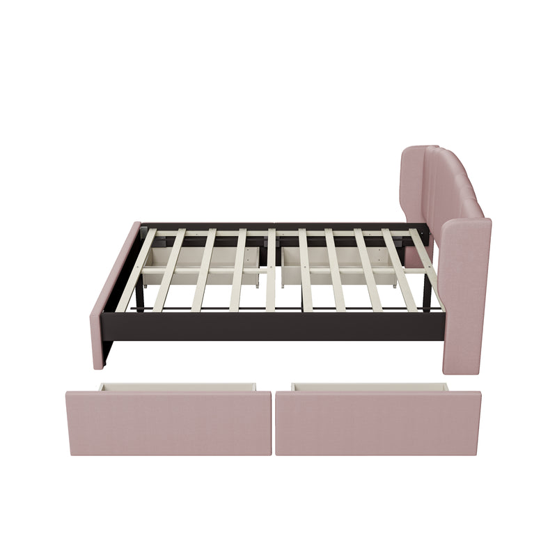 Upholstered Platform Bed with Wingback Headboard and 4 Drawers, No Box Spring Needed, Linen Fabric, Queen Size Pink