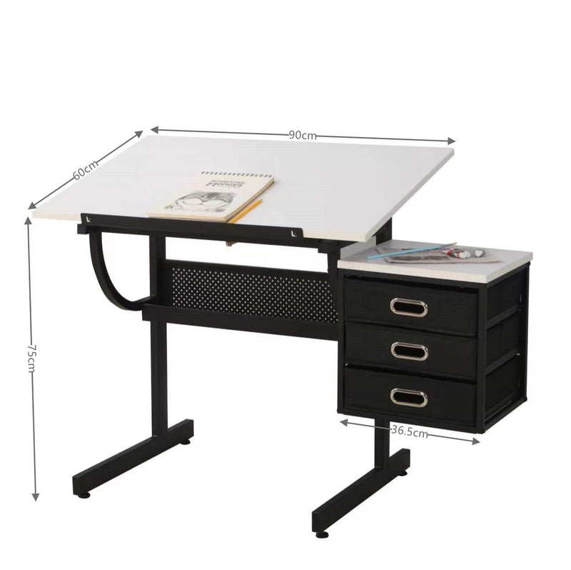 Adjustable Drafting Drawing Table With Stool And 3 Drawers - White / Black