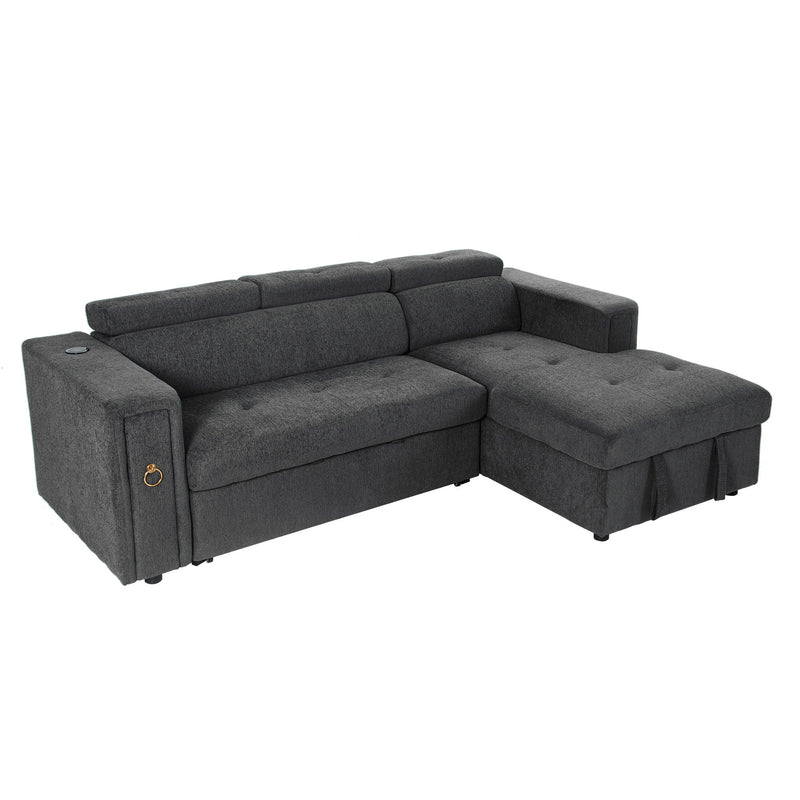 Multi-Functional Pull-Out Sofa Bed L-Shape Sectional Sofa With Adjustable Headrest, Wireless Charging, Cup Holders And Hidden Storage For Living Room