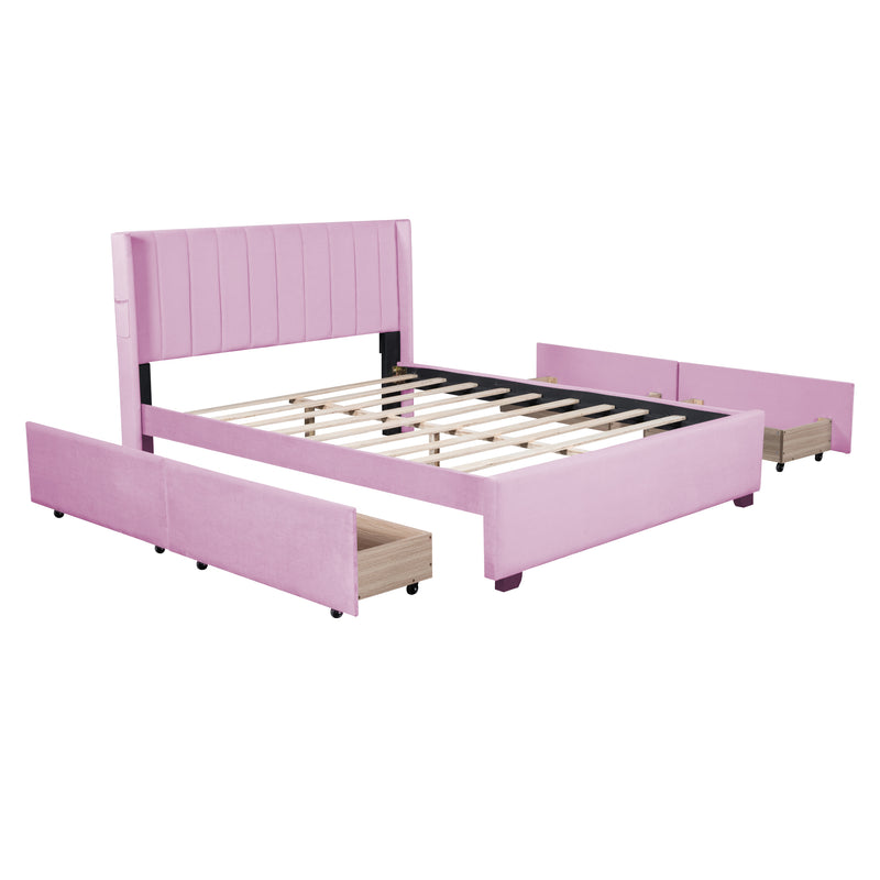 Queen Size Upholstered Bed with 4 Drawers, Pink