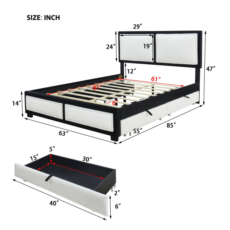 Queen Size Upholstered Platform Bed with Large Rivet-decorated Backrests and 4 Drawers, Velvet matched with Teddy Fleece, Black+White