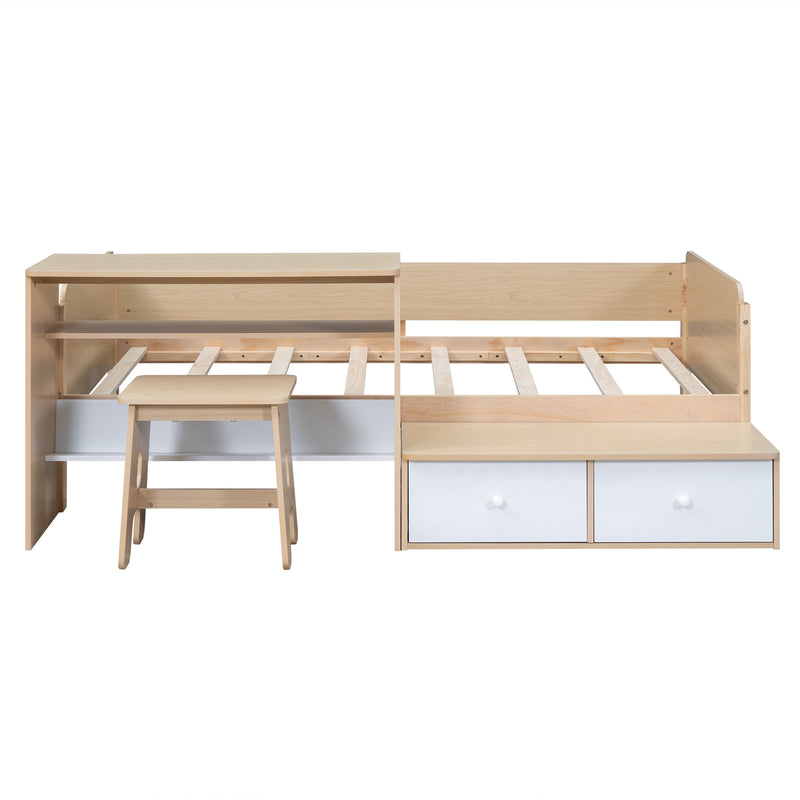 Wood Twin Size Platform Bed with 2 Drawers and 1 Chair&Desk Set, Natural+White