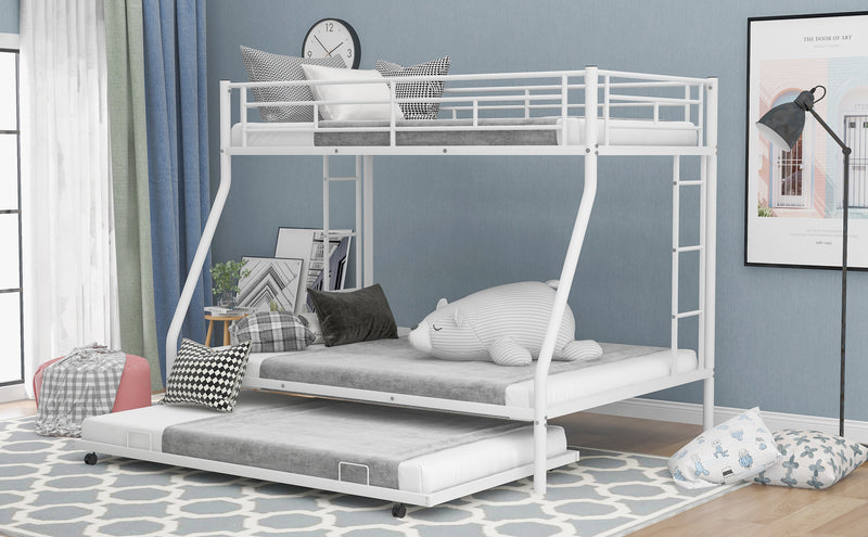 Twin over Full Bed with Sturdy Steel Frame, Bunk Bed with Twin Size Trundle, Two-Side Ladders, White(OLD SKU:MF194424AAK)