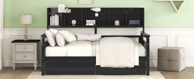 Daybed, Wood Slat Support, With Bedside Shelves And Two Drawers