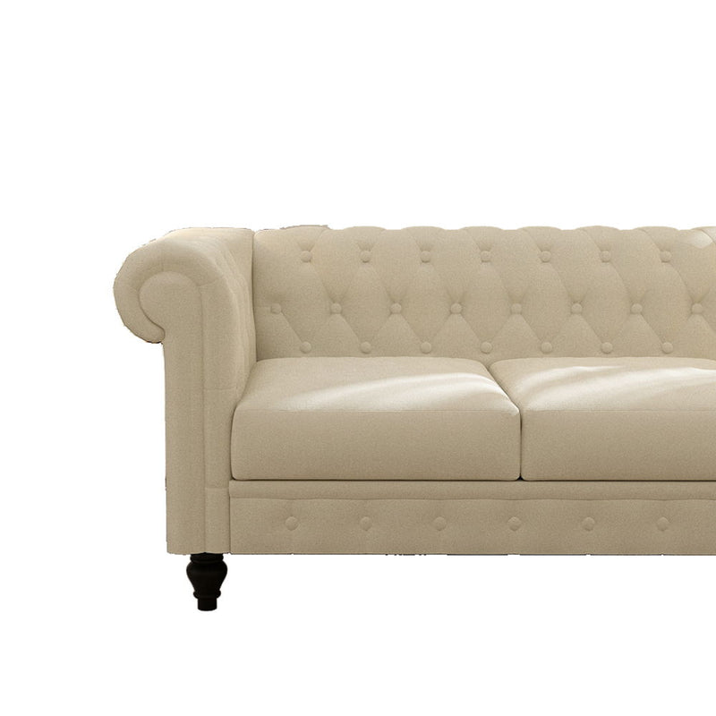 Chesterfield Sofa, 3-Seater Plush Fabric With Tufted Buttons And Wooden Legs, Classic Design - Beige