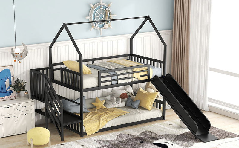 Twin Over Twin Metal Bunk Bed House Bed With Slide And Staircase