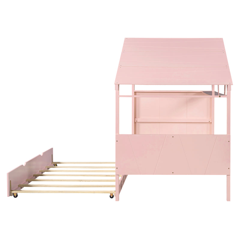 Wood Twin Size House Bed with Trundle and Storage, Pink